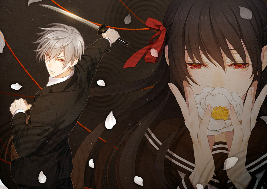 1boy, 1girl, black_hair, black_serafuku, black_suit, business_suit, camellia, collared_shirt