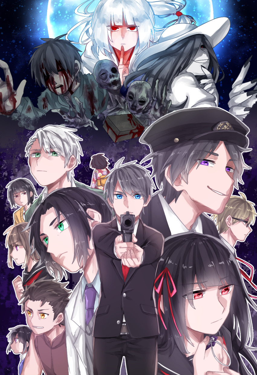 6+boys, 6+girls, bare_shoulders, black_hair, black_serafuku, black_suit, blood, blue_eyes, blue_hair, blunt_bangs, box, brown_hair, business_suit, collared_shirt, dress, formal_clothes, grey_hair, gun, hair_ornament, hair_ribbon, handgun, hasshaku-sama, hat, highres, himeno_mikoto, himuro_hitoshi, holding, holding_gun, holding_weapon, jacket, japan_national_police, japanese_urban_legends, kaga_tsuyoshi, kaii_shoukougun, kaii_shoukougun_2, kajiro_haruko, kajiro_yuka, kanamori_hinako, kirisaki_shouta, kogure_shinichi, lab_coat, long_hair, multiple_boys, multiple_girls, nakagawa_ryousuke, necktie, office_lady, police, police_hat, police_uniform, policeman, red_eyes, red_vest, ribbon, ryoumen_sukuna_(mythology), school_uniform, serafuku, shirt, short_hair, siblings, sisters, smile, suit, sunglasses, takagi_kenji, vest, weapon, yunyun_(kaii_shoukougun)