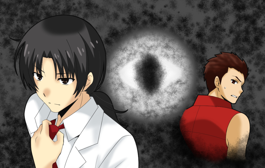 2boys, bare_shoulders, black_hair, brown_hair, coat, kaga_tsuyoshi, kaii_shoukougun, kaii_shoukougun_3