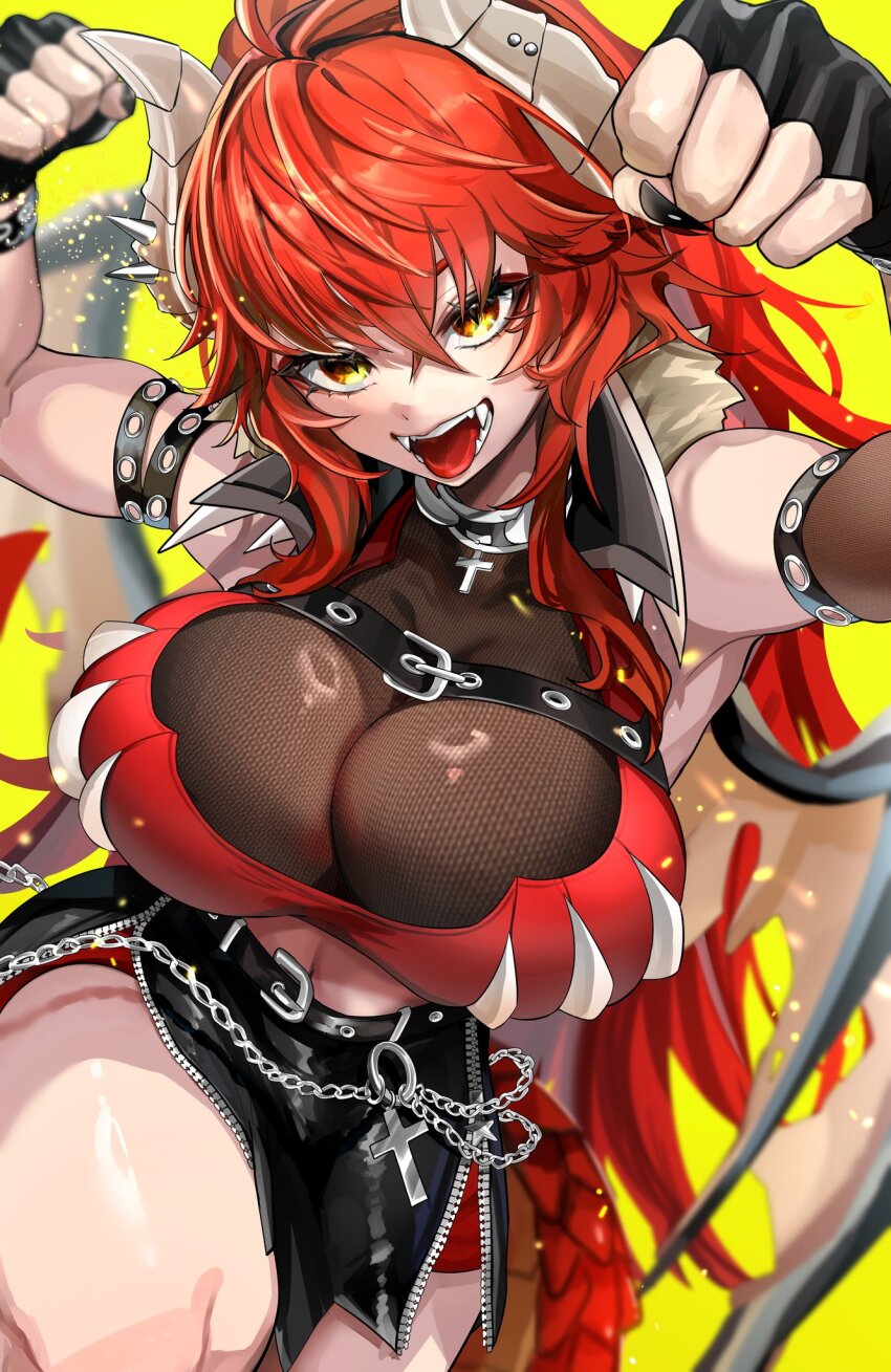 1girl, black_gloves, black_nails, black_skirt, breasts, chest_belt, clenched_hands, cross