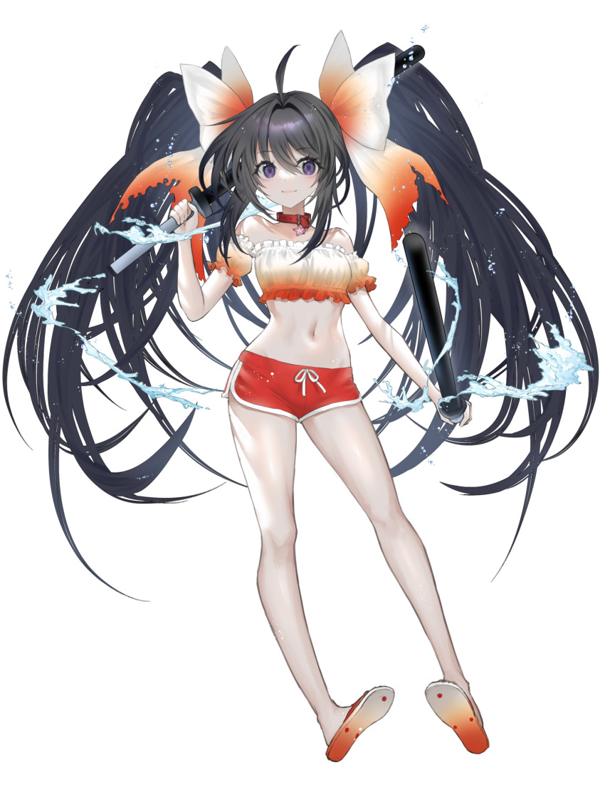 1girl, black_hair, breasts, collar, dairoku_ryouhei, dual_wielding, highres, holding