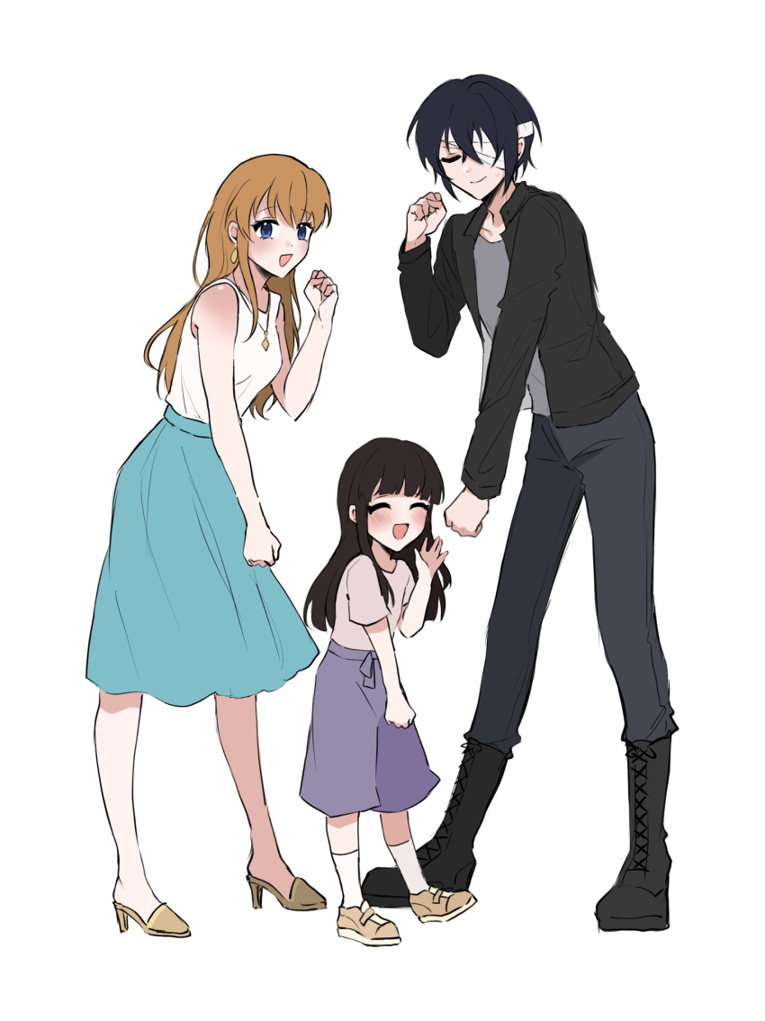 1boy, 2girls, aged_up, bandage_over_one_eye, bare_shoulders, black_hair, black_jacket, blue_eyes