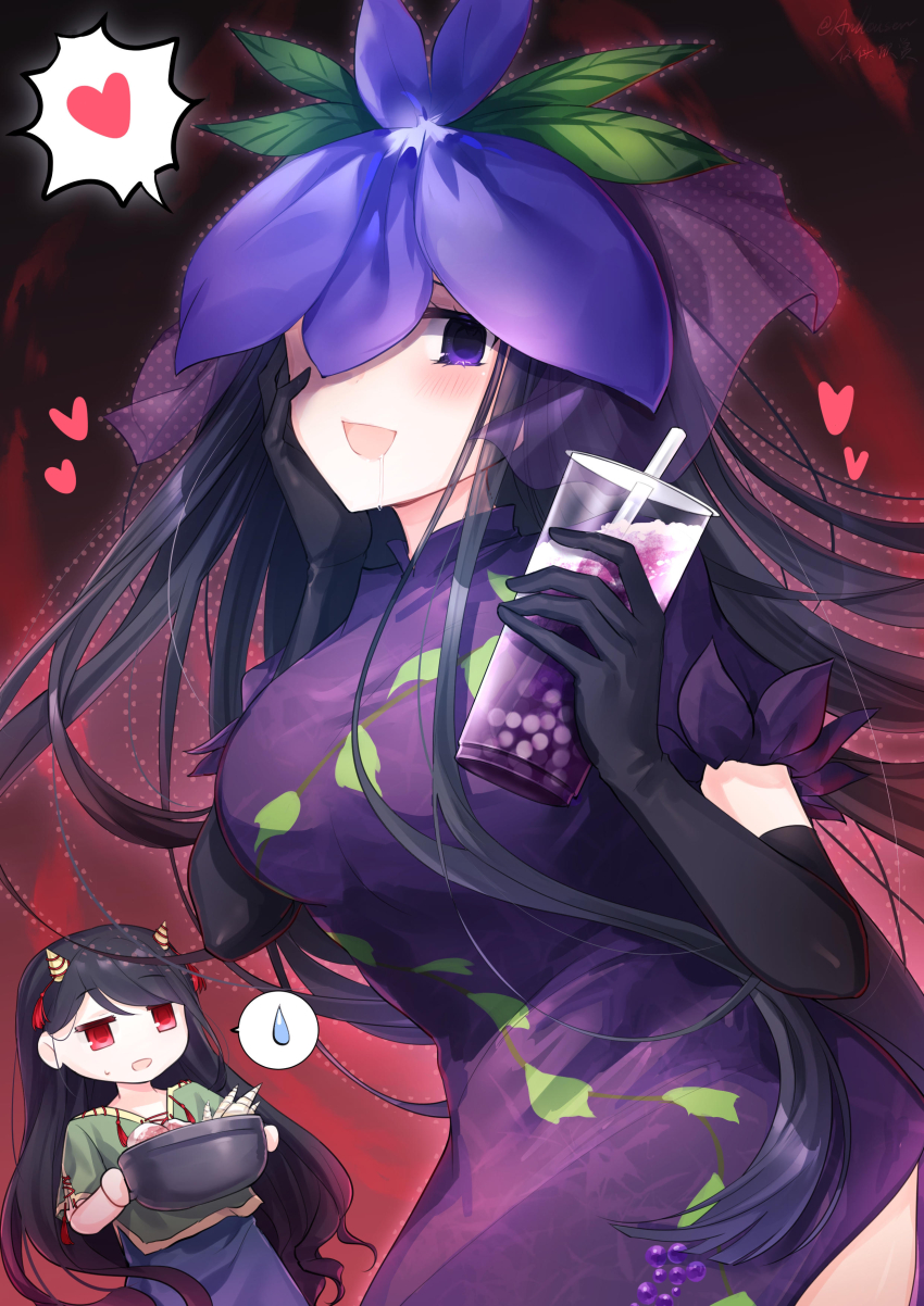 2girls, :d, absurdres, anllouser, black_gloves, black_hair, blue_skirt, blush, breasts, china_dress, chinese_clothes, chinese_commentary, commentary_request, cone_horns, cooking_pot, cowboy_shot, cup, disposable_cup, dress, drinking_straw, elbow_gloves, flower, flower_on_head, food_print, fruit_print, gloves, grape_print, green_shirt, hand_on_own_cheek, hand_on_own_face, heart, highres, holding, holding_cooking_pot, holding_cup, horn_ornament, horn_ribbon, horns, large_breasts, leaf_print, long_hair, loving_aura, multiple_girls, nippaku_zanmu, one_eye_covered, open_mouth, print_dress, purple_dress, purple_eyes, purple_flower, red_background, red_eyes, ribbon, saliva, shirt, short_sleeves, side_slit, skirt, smile, spoken_heart, spoken_sweatdrop, standing, sweatdrop, touhou, very_long_hair, vine_print, yellow_horns, yomotsu_hisami