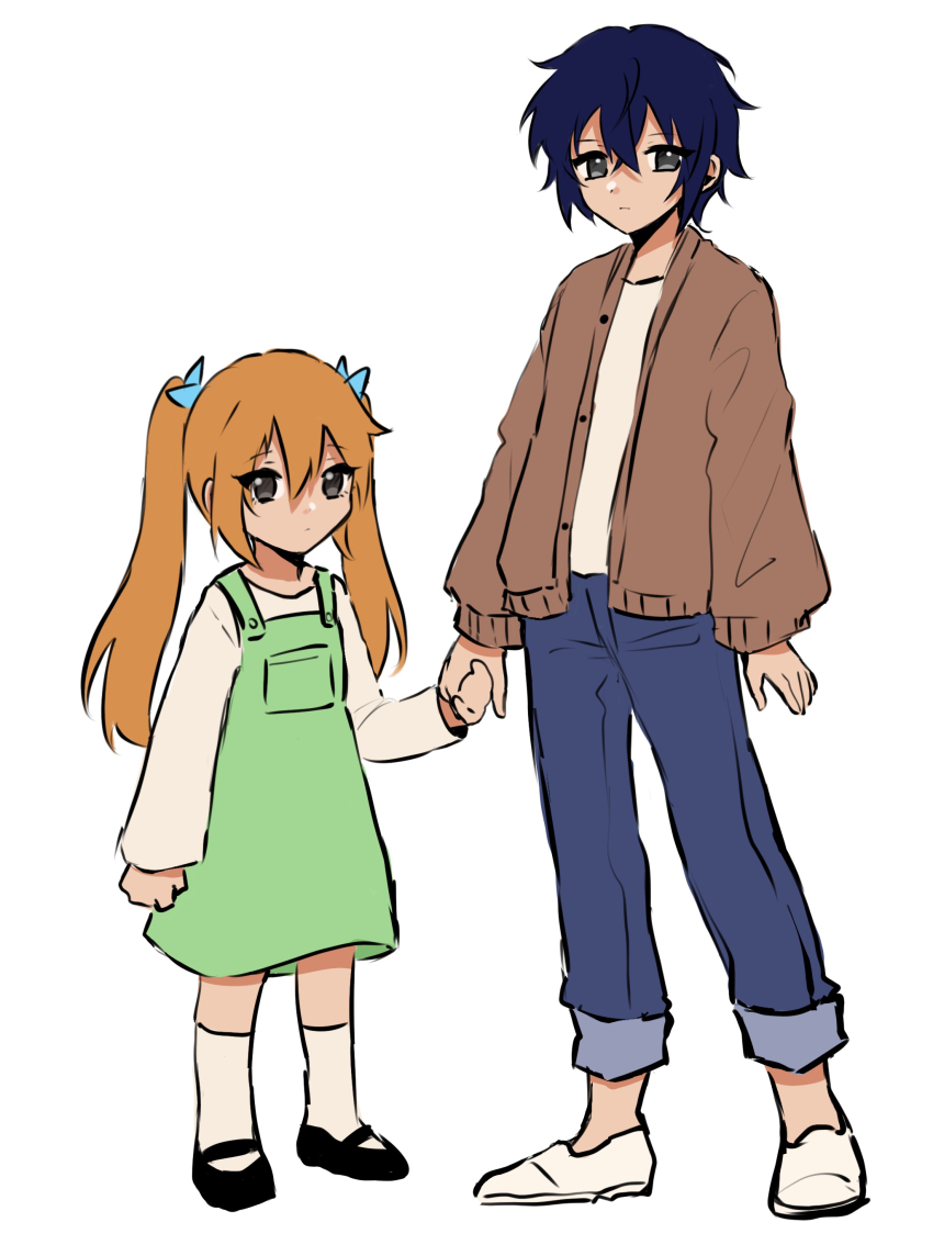 1boy, 1girl, absurdres, aged_down, brother_and_sister, child, dress, green_dress, highres, holding_hands, jacket, kaii_shoukougun, kaii_shoukougun_3, kogure_maiko, kogure_shinichi, long_hair, open_clothes, open_jacket, orange_hair, short_hair, siblings, soyaudon, twintails, white_background