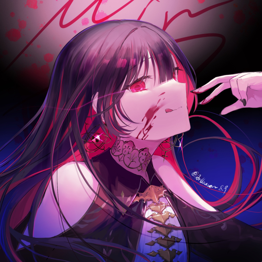 1girl, :q, anllouser, arcaea, bare_shoulders, black_hair, black_nails, black_shirt