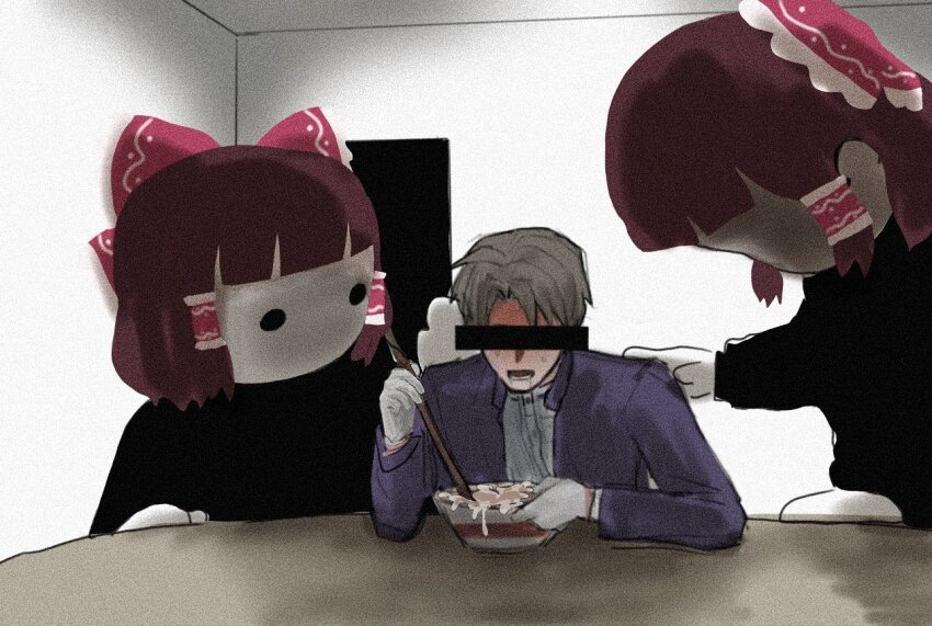 1boy, 2girls, black_eyes, blank_room_soup, bow, bowl, brown_hair, censored