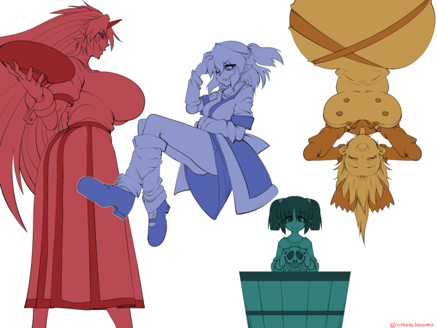 4girls, arm_warmers, breasts, bucket, commentary_request, cup, dress, full_body