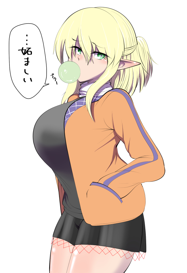 1girl, black_shirt, black_skirt, blonde_hair, blowing_bubble_gum, blush, breasts, brown_shirt