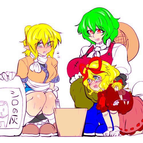 3girls, ascot, black_skirt, blonde_hair, blue_eyes, blush, breasts, brown_shirt