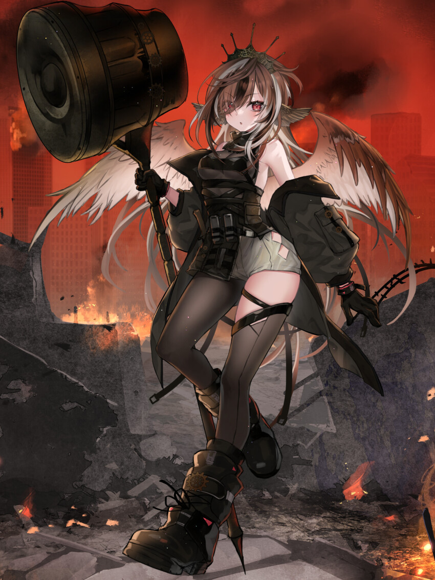 1girl, black_gloves, black_shoes, breasts, brown_wings, crown, dairoku_ryouhei, eleanor_victoria