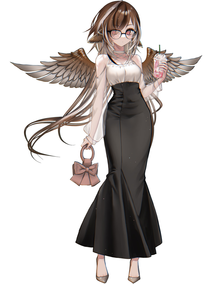 1girl, bag, black_dress, breasts, brown_hair, cleavage, criss-cross_straps, cup