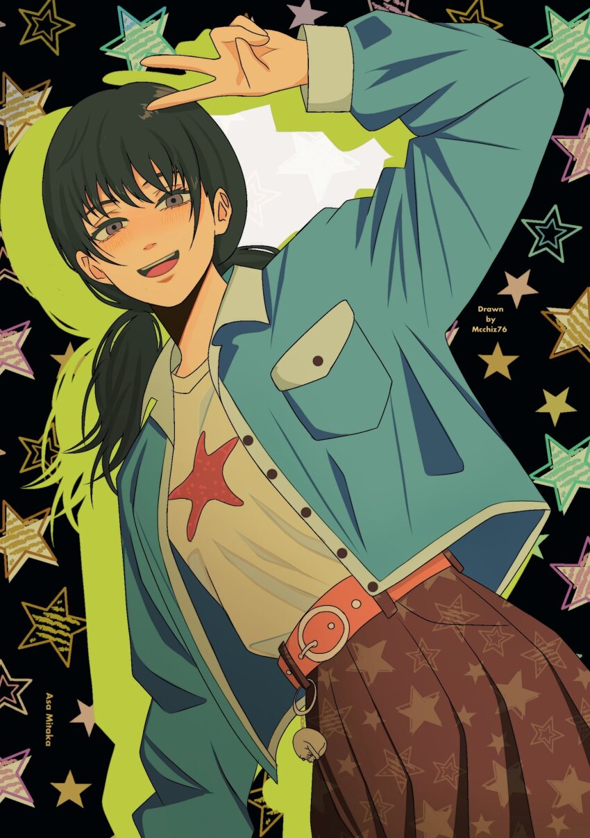 1girl, arm_up, belt, black_hair, blue_jacket, brown_jacket, chainsaw_man, grey_eyes