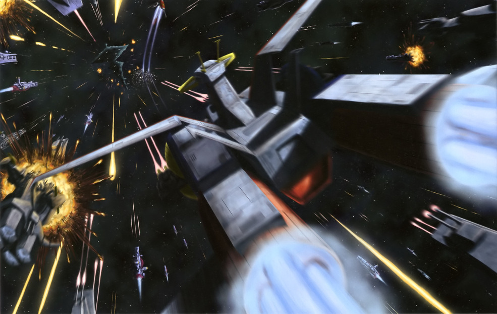 a_baoa_qu, artist_request, asteroid, battle, beam_cannon, debris, destruction, earth_federation_space_forces, explosion, firing, fleet, gundam, gundam_perfect_file, magazine_scan, megellan_(gundam), mobile_suit_gundam, motion_blur, painting_(medium), radio_antenna, realistic, salamis_class, scan, scene_reference, science_fiction, space, space_station, spacecraft, spoilers, thrusters, traditional_media, white_base, wreckage, zeon