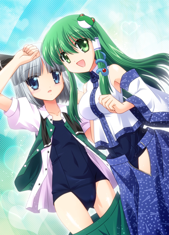 2girls, blue_eyes, blush, breasts, clothes_pull, detached_sleeves, dress_shirt, female_focus