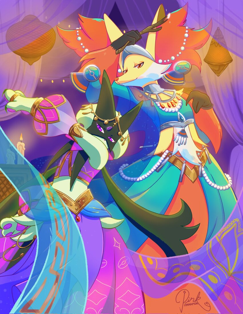 animal_ear_fluff, arabian_clothes, clothed_pokemon, delphox, delphox_(sacred), detached_sleeves, gen_6_pokemon, green_fur