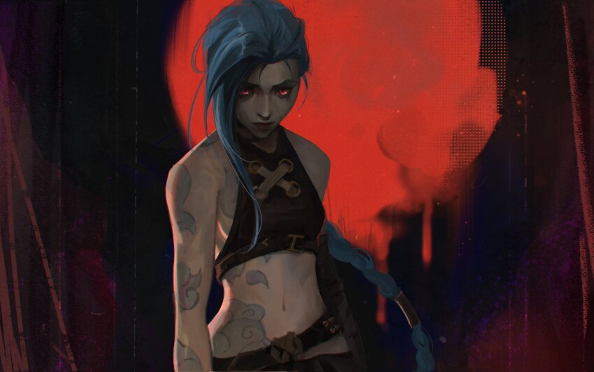 1girl, arcane:_league_of_legends, arcane_jinx, bare_shoulders, belt, black_shirt, blue_hair, breasts, closed_mouth, cloud_tattoo, crop_top, hair_bun, happeh, highres, jinx_(league_of_legends), league_of_legends, long_hair, medium_breasts, midriff, navel, pale_skin, pink_eyes, shirt, shoulder_tattoo, single_side_bun, solo, stomach_tattoo, studded_belt, tattoo, upper_body, very_long_hair