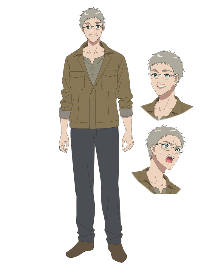 3boys, anime_coloring, beard, brown_jacket, brown_shoes, carlo_rossetti, collarbone, collared_jacket, facial_hair, full_body, glasses, green_eyes, grey_pants, grey_shirt, jacket, kurita_satomi, looking_at_viewer, madougushi_dahlia_wa_utsumukanai, male_focus, mature_male, multiple_boys, multiple_views, mustache, official_art, open_mouth, pants, shirt, shoes, short_hair, simple_background, sleeves_rolled_up, smile, standing, stubble, tareme, teeth, transparent_background, upper_body, very_short_hair