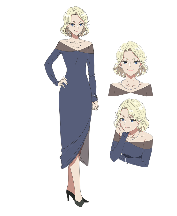 3girls, anime_coloring, armlet, bare_shoulders, blonde_hair, blue_dress, blue_eyes, breasts, closed_mouth, collarbone, dress, full_body, gabriella_jedda, hand_on_own_chin, hand_on_own_hip, high_heels, jewelry, kurita_satomi, lips, long_dress, long_sleeves, looking_at_viewer, madougushi_dahlia_wa_utsumukanai, mature_female, medium_breasts, multiple_girls, multiple_views, off-shoulder_dress, off_shoulder, official_art, parted_bangs, short_hair, simple_background, smile, standing, transparent_background, upper_body