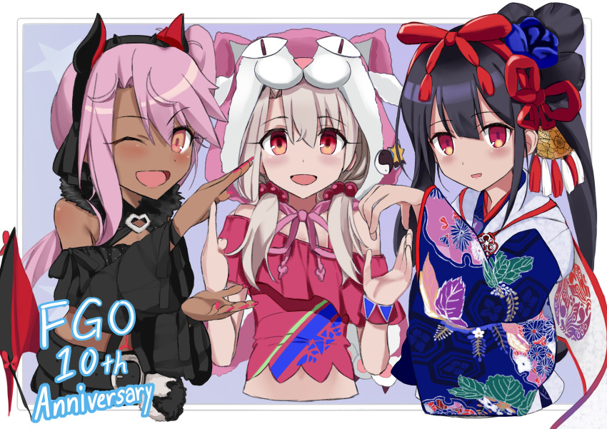 3girls, absurdres, animal_hood, bare_shoulders, black_hair, blue_kimono, blush, breasts