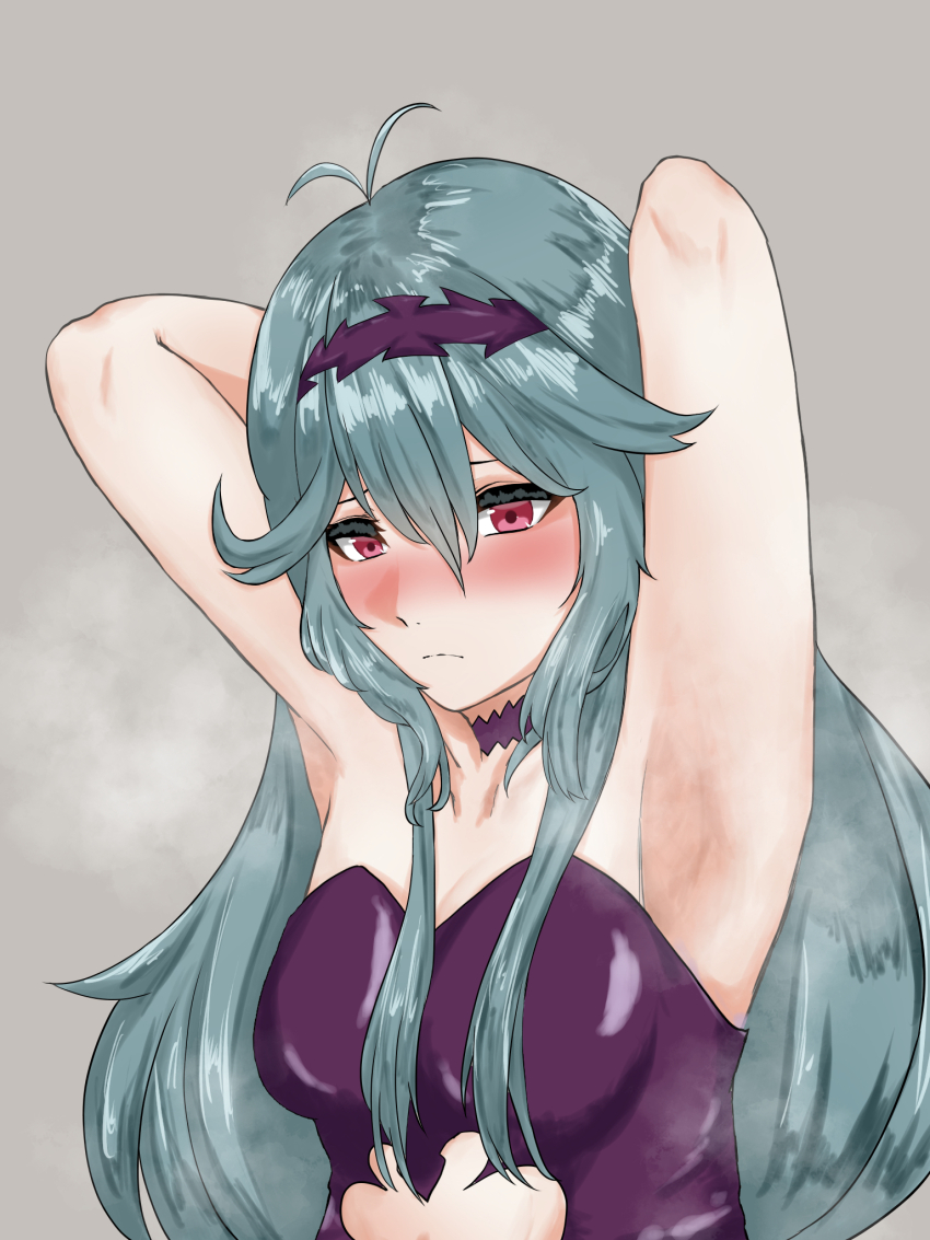 1girl, armpits, arms_behind_head, bad_id, bad_pixiv_id, blush, chaos_aurora_(grimms_notes), closed_mouth
