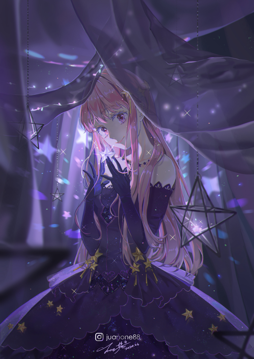 1girl, absurdres, closed_mouth, colored_eyelashes, cowboy_shot, curtains, dark, dated