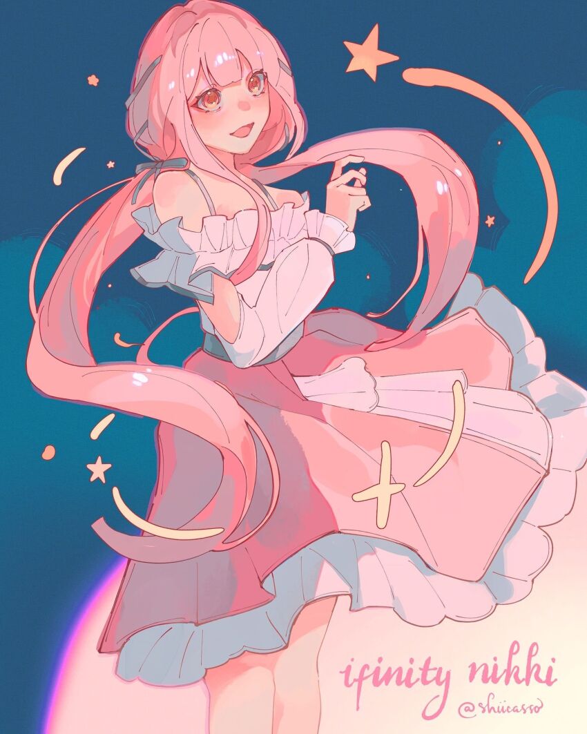 1girl, arm_cutout, artist_name, bare_shoulders, belt, black_belt, black_bow, black_ribbon, blue_background, blunt_bangs, bow, bra_strap, brown_eyes, clothing_cutout, commentary, copyright_name, cowboy_shot, english_commentary, eyelashes, floating_clothes, floating_hair, frilled_shirt, frilled_sleeves, frills, hair_bow, hair_ribbon, happy, highres, infinity_nikki, layered_skirt, le_shiiro, light_blush, long_hair, long_sleeves, looking_ahead, low_twintails, medium_skirt, nikki_(nikki), nikki_(series), off-shoulder_shirt, off_shoulder, open_mouth, outstretched_hand, perfect_start_(infinity_nikki), pink_hair, pink_skirt, pleated_skirt, puffy_long_sleeves, puffy_sleeves, ribbon, shirt, sidelocks, skirt, smile, solo, sparkle, standing, star_(symbol), tress_ribbon, twintails, very_long_hair, wavy_hair, white_shirt, white_skirt, wind