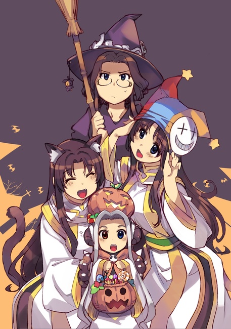 4girls, alternate_costume, animal_ears, animal_hands, black_eyes, blue_eyes, blue_hat, brown_hair