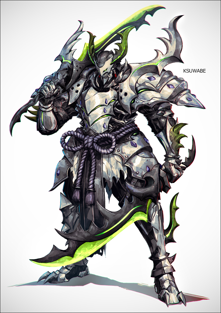 1boy, armor, artist_name, breastplate, dual_wielding, fake_horns, fate/grand_order, fate_(series)