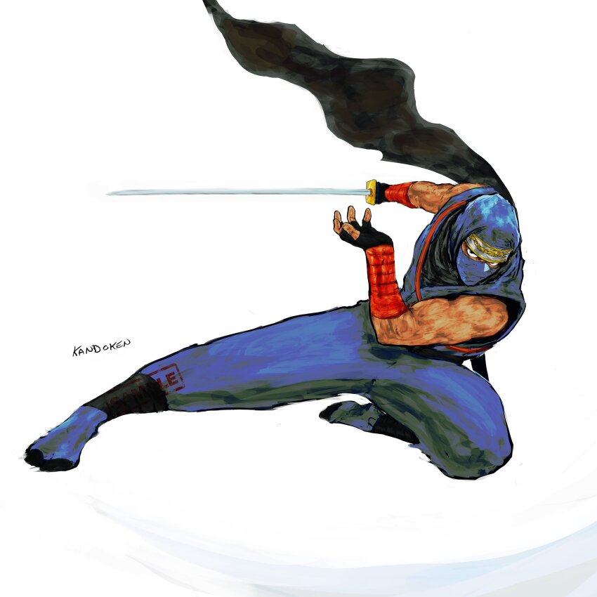 1boy, absurdres, arm_guards, bare_shoulders, black_gloves, blue_pants, blue_shirt, dragon_sword