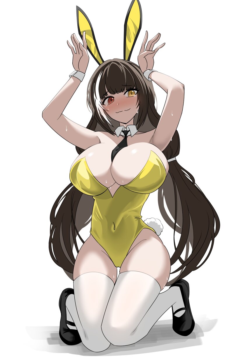 1girl, absurdres, animal_ears, black_hair, black_necktie, black_shoes, blush, breasts