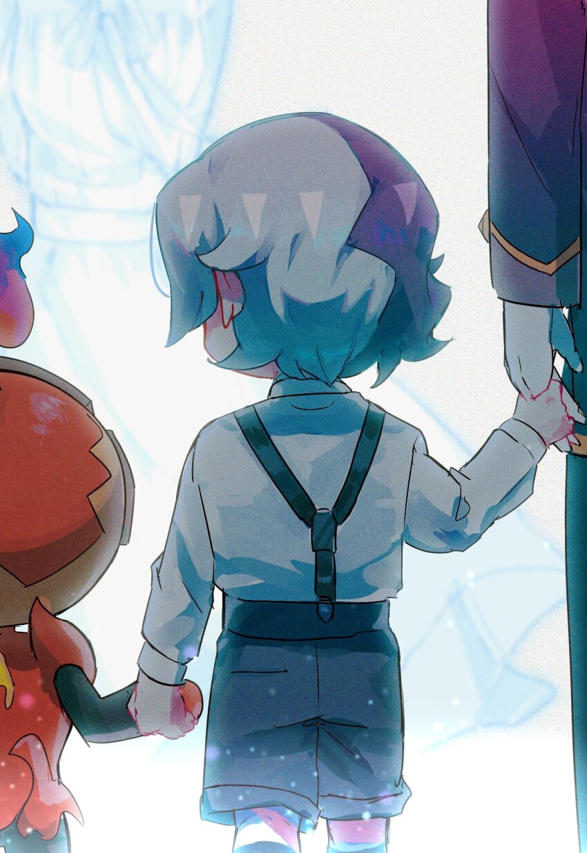 2boys, aged_down, maria_(pokemon), amethio_(pokemon), charcadet, commentary_request, copituji, from_behind