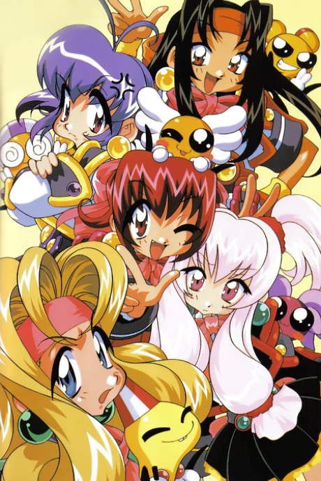 1990s_(style), 5girls, akihabara_dennou_gumi, anger_vein, antenna_hair, arm_up, black_hair, blonde_hair