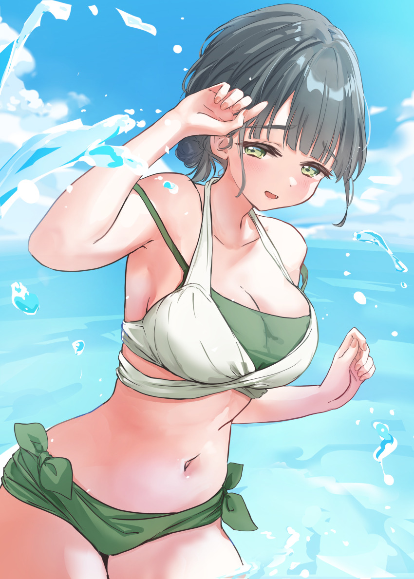 1girl, :d, absurdres, bare_shoulders, bikini, black_hair, blunt_bangs, breasts