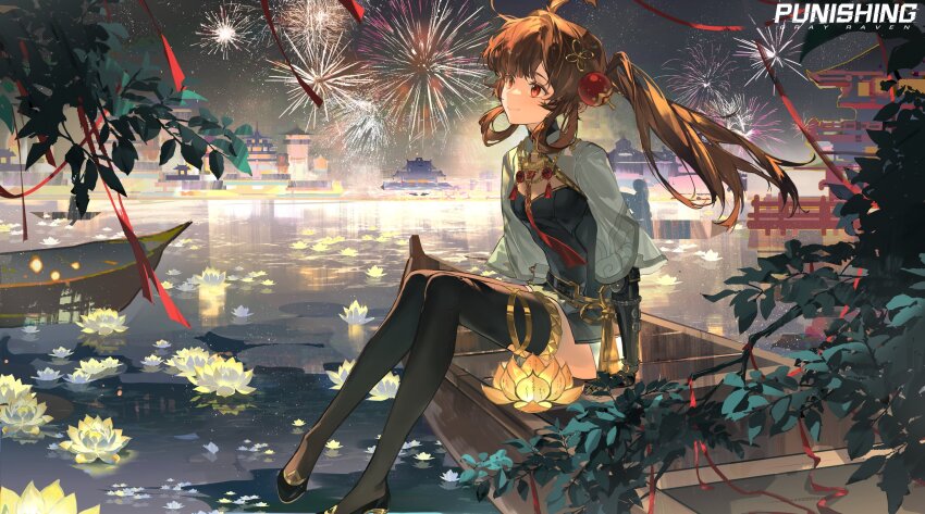 1girl, ahoge, architecture, belt, black_hair, black_shoes, black_thighhighs, boat