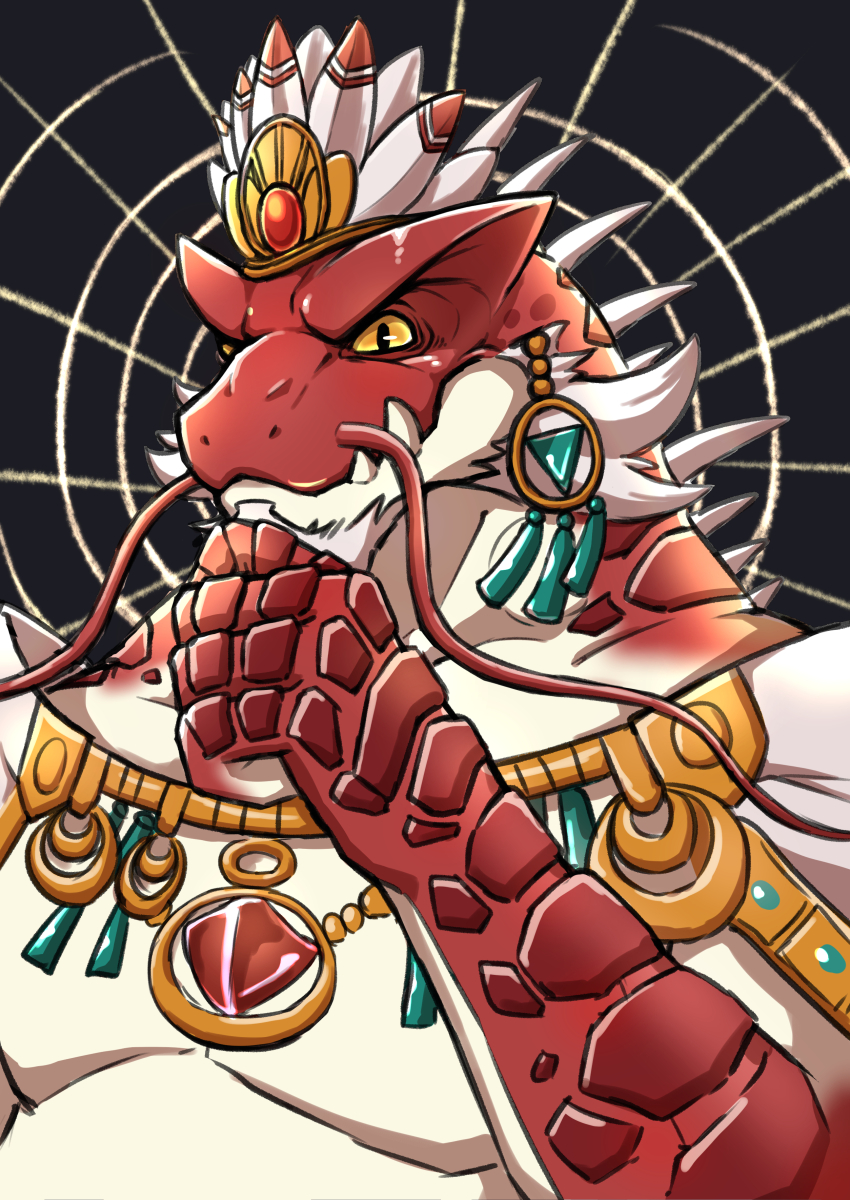 1boy, absurdres, bara, black_background, closed_mouth, crown, dragon_boy, earrings