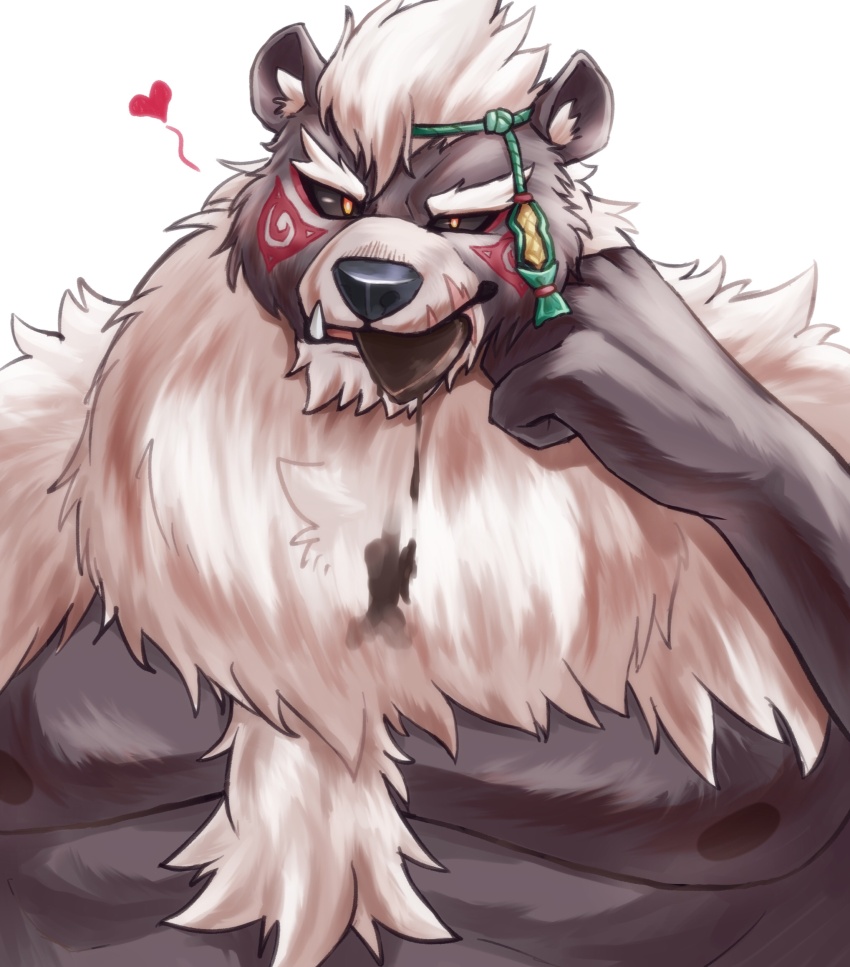 1boy, bara, black_sclera, candy, chest_hair, chocolate, chocolate_heart, colored_sclera