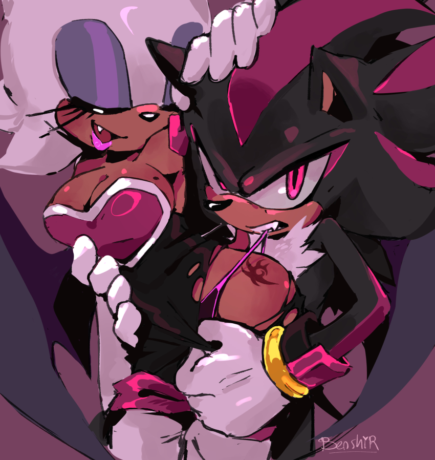 1boy, 1girl, bat_wings, benshir125, closed_eyes, commentary, couple, english_commentary, furry, furry_female, furry_male, gloves, hetero, highres, hug, hug_from_behind, looking_at_viewer, mouth_hold, panties, pink_eyes, pink_panties, rouge_the_bat, shadow_the_hedgehog, shadow_the_hedgehog_(game), smile, sonic_(series), tattoo, underwear, white_gloves, wings