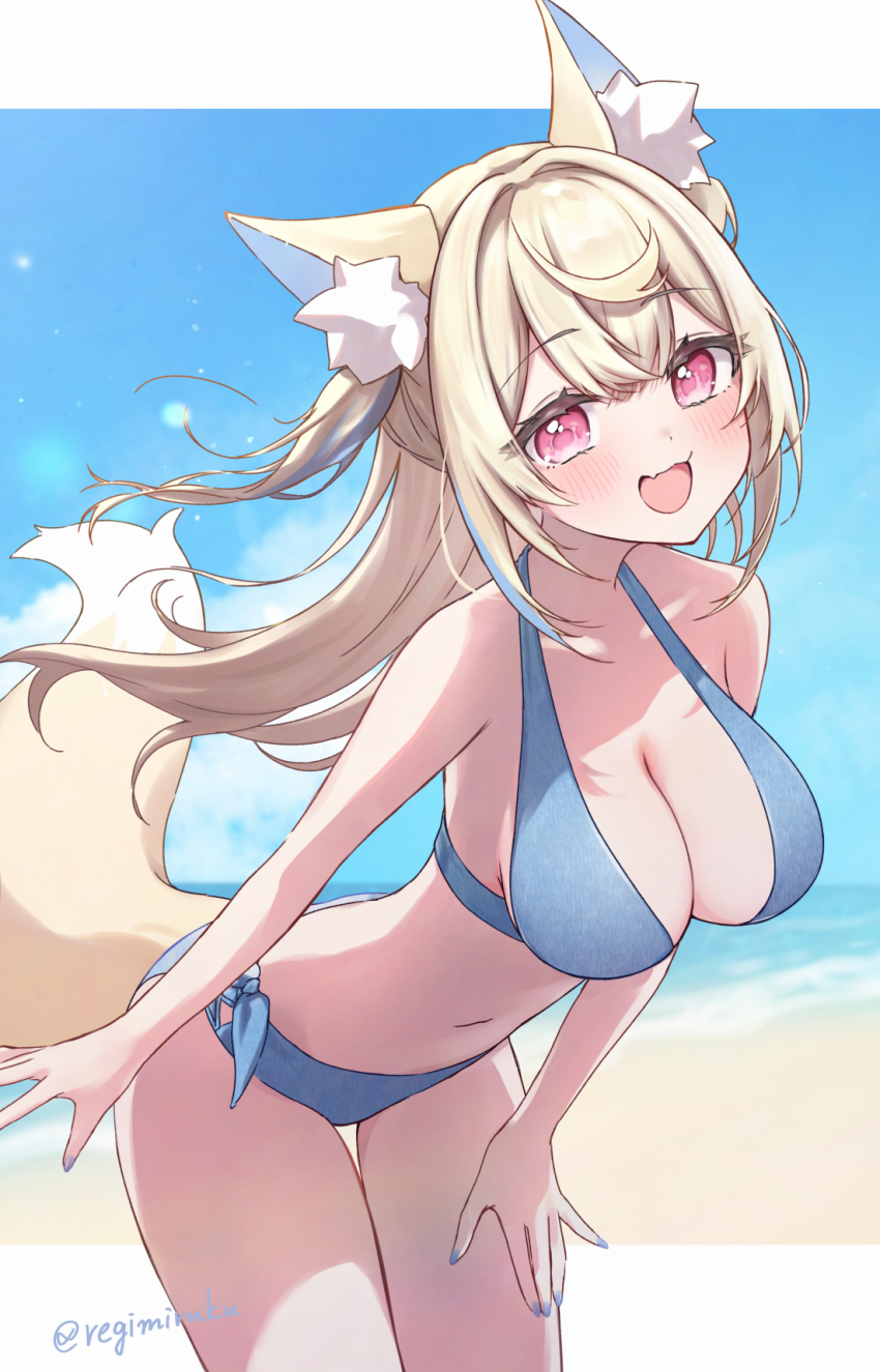 1girl, animal_ear_fluff, animal_ears, beach, bikini, blonde_hair, blue_bikini, blue_hair