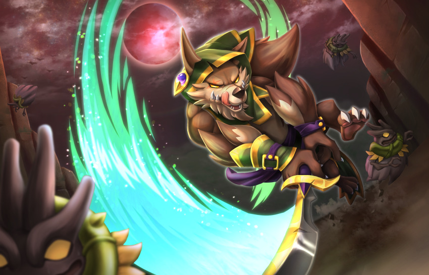 1boy, character_request, claws, debris, furry, furry_male, green_hood, highres