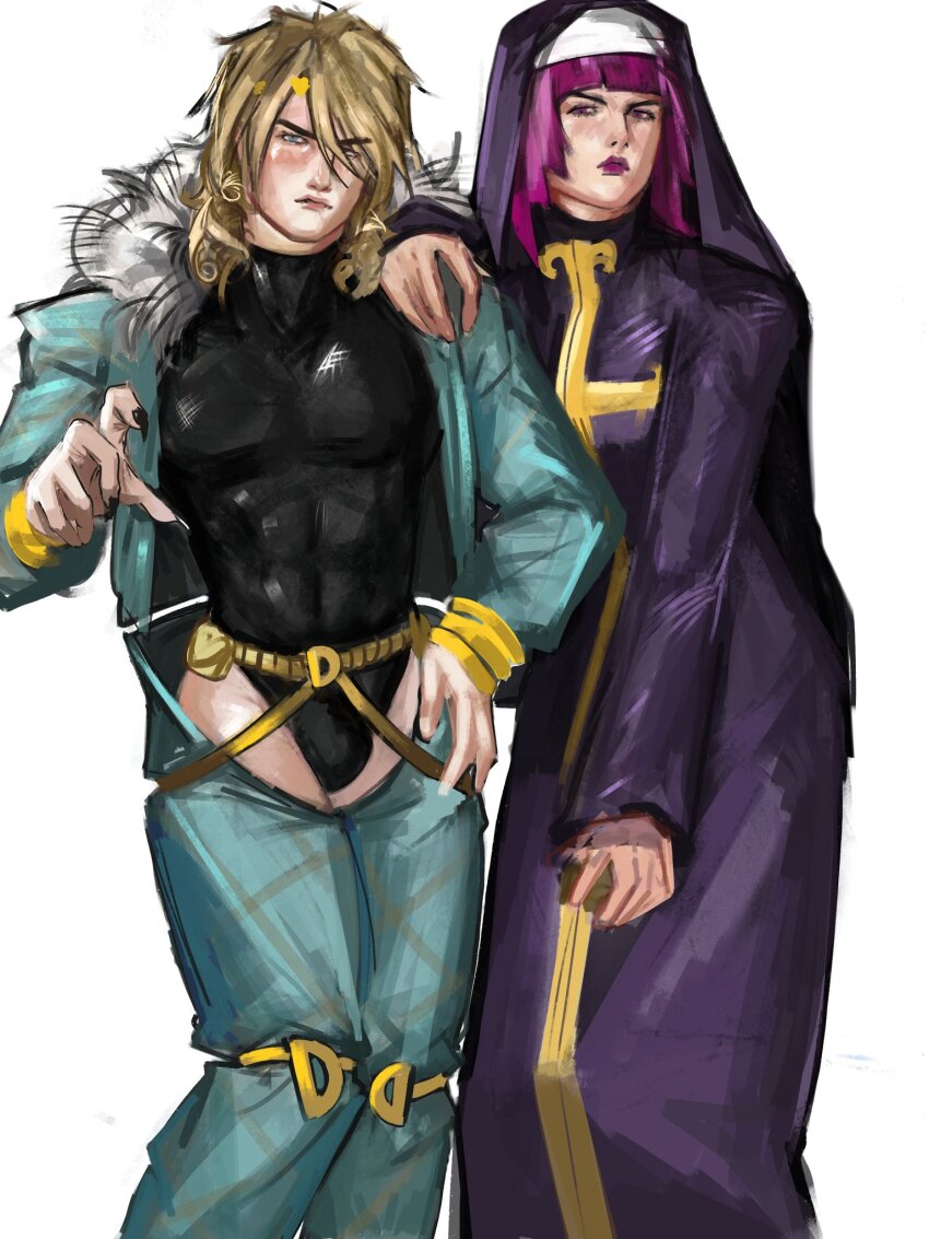 1boy, 1girl, abs, adapted_costume, argyle_clothes, argyle_pants, belt, black_leotard, black_nails, blonde_hair, blue_jacket, bracelet, bulge, cassock, commentary, cosplay, cross, daniimouwry, diego_brando, dio_brando, dio_brando_(cosplay), english_commentary, enrico_pucci, enrico_pucci_(cosplay), fingernails, fur-trimmed_jacket, fur_trim, highres, hot_pants_(sbr), jacket, jewelry, jojo_no_kimyou_na_bouken, knee_pads, leotard, makeup, male_focus, medium_hair, mullet, nun, pants, pink_hair, purple_eyes, purple_lips, sharp_fingernails, sketch, steel_ball_run, suspenders, traditional_nun, yellow_belt