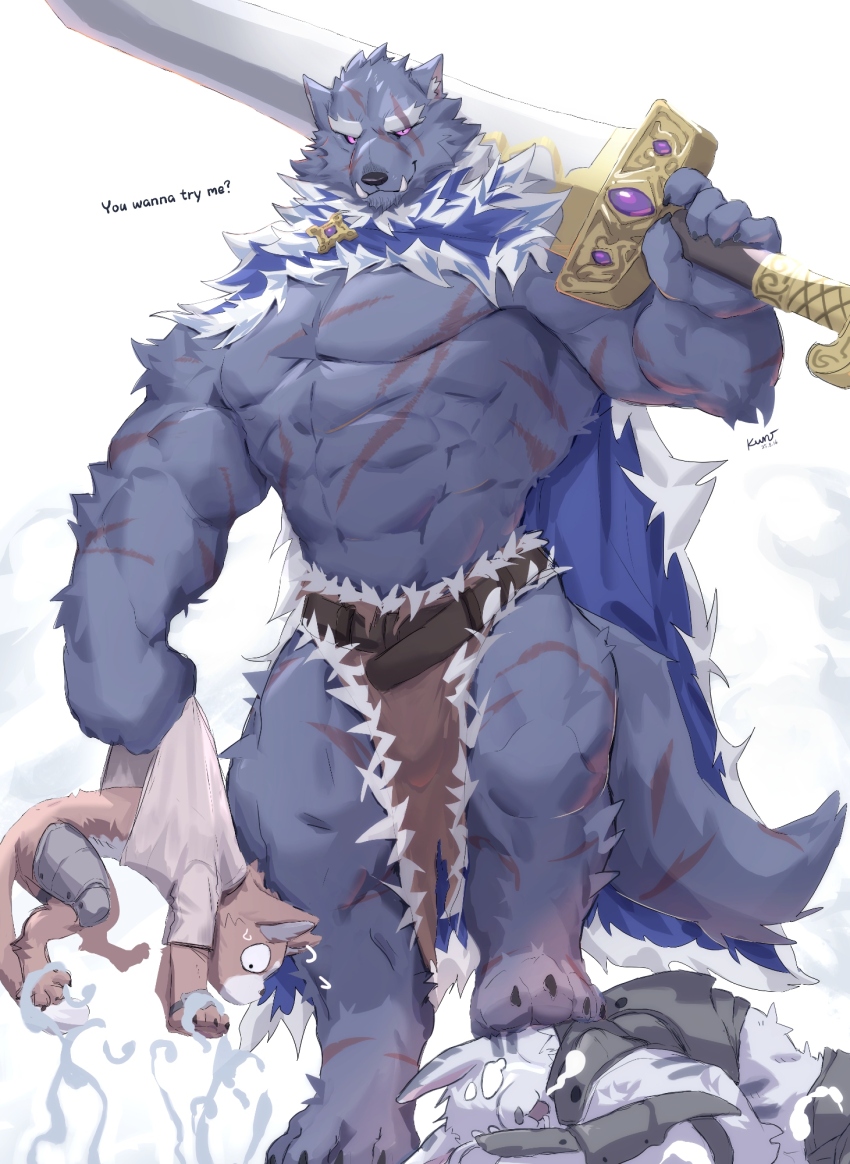 3boys, abs, animal_ears, bara, bare_pectorals, biceps, black_fur, blaidd_the_half-wolf