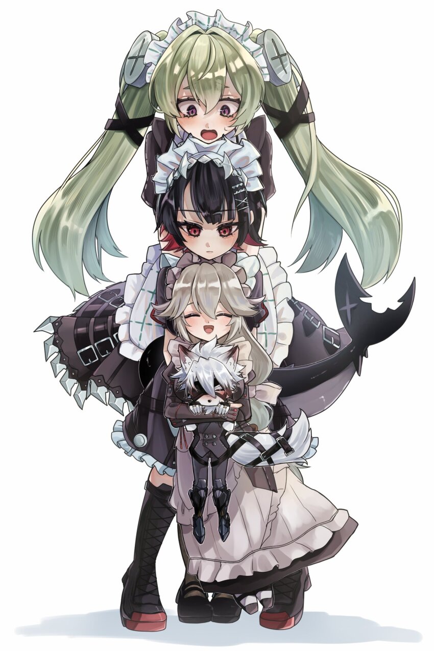 1boy, 3girls, aged_down, alexandrina_sebastiane, animal_ears, apron, black_dress, black_hair