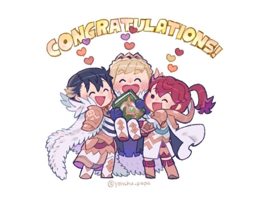 1boy, 2girls, ;d, alfonse_(fire_emblem), alfonse_(heir_to_openness)_(fire_emblem), anna_(fire_emblem), anna_(fire_emblem_heroes), blonde_hair