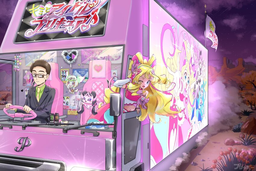 aokaze_nana, bare_arms, bare_shoulders, black_jacket, blonde_hair, bow, box_truck, brooch