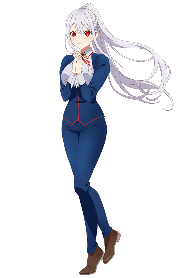 1girl, anime_coloring, blue_jacket, blue_pants, breasts, brown_shoes, closed_eyes, closed_mouth, collared_jacket, dress_shoes, full_body, grey_hair, hair_between_eyes, high_ponytail, irisphilia, jacket, jitsu_wa_ore_saikyou_deshita?, large_breasts, long_hair, long_sleeves, looking_at_viewer, narrow_waist, necktie, official_art, own_hands_together, pants, ponytail, red_eyes, red_necktie, shoes, simple_background, smile, solo, standing, transparent_background, very_long_hair, yasuda_shouko