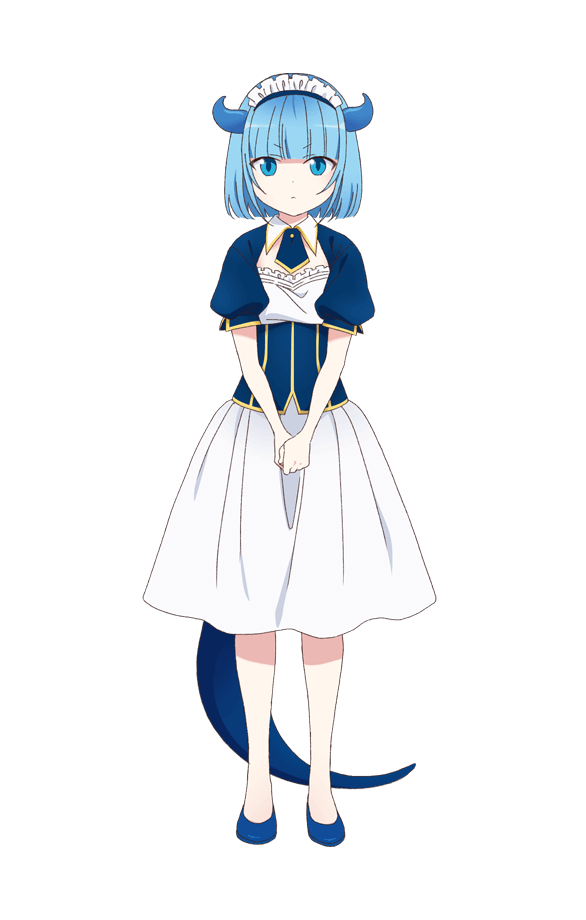 1girl, anime_coloring, blue_dress, blue_eyes, blue_hair, blue_necktie, blue_shoes, blunt_bangs, breasts, closed_mouth, dragon_tail, dress, flat_chest, flats, full_body, horns, jitsu_wa_ore_saikyou_deshita?, liza_(jitsuoresaikyo), looking_at_viewer, maid, maid_headdress, necktie, official_art, puffy_short_sleeves, puffy_sleeves, shoes, short_eyebrows, short_hair, short_sleeves, simple_background, solo, standing, tail, transparent_background, v-shaped_eyebrows, yasuda_shouko