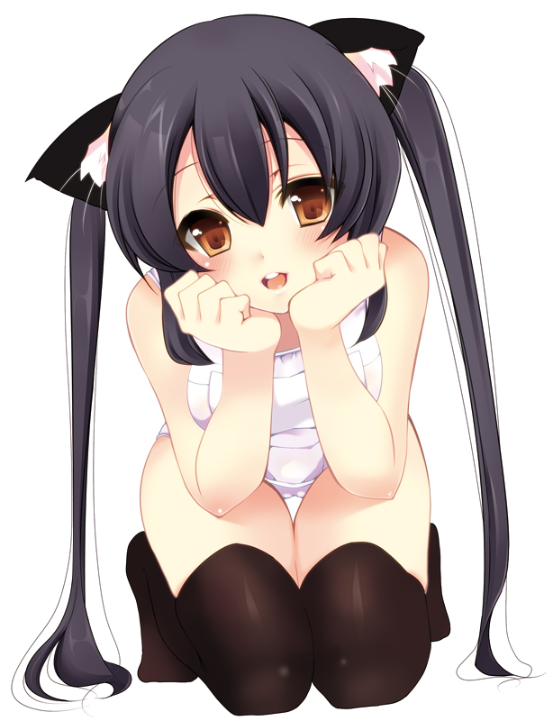 1girl, animal_ears, black_hair, black_thighhighs, brown_eyes, cat_ears, female_focus, full_body