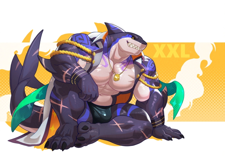 1boy, abs, arm_tattoo, bara, biceps, bulge, capt._locke_(xxl), claws, commentary, english_commentary, fangs, fins, fish_tail, furry, furry_male, grin, highres, kusu_(x_kusunagi_x), leg_tattoo, looking_at_viewer, male_focus, muscular, muscular_male, pectoral_cleavage, pectorals, scar, scar_on_arm, scar_on_leg, scar_on_tail, shark_boy, shark_fin, shark_tail, sitting, smile, tail, tattoo, xxl_woofia