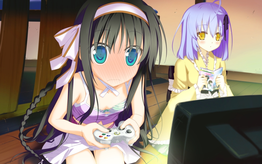 2girls, ahoge, black_hair, blue_eyes, blush, bra, braid, controller