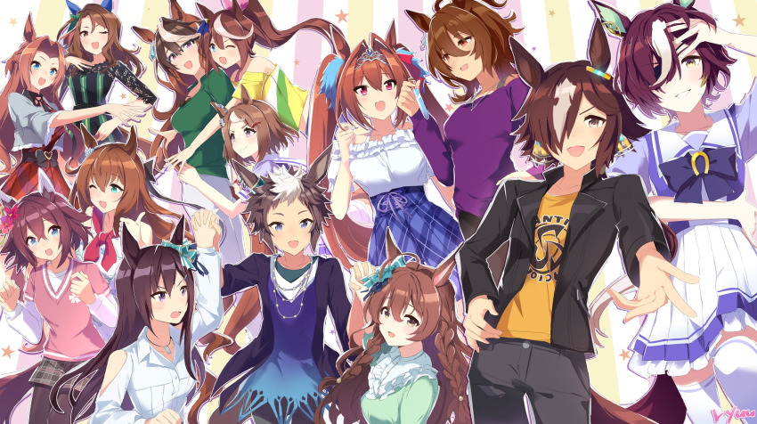 6+girls, agnes_tachyon_(casual)_(umamusume), agnes_tachyon_(umamusume), ahoge, animal_ears, aqua_eyes, bare_shoulders, black_pantyhose